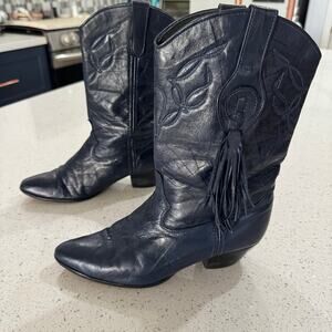 Laredo Blue Leather Tassel Boots Pointed Toe Made in USA Women's 7.5 M
